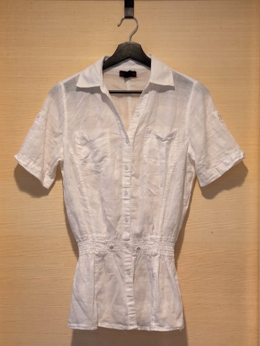 MASCARA White Sheer Plaid Collared Button Up Smocked Waist Top